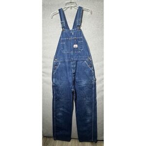 Vintage Round House Mens Blue Medium Washed Denim Chore Work Bib Overalls 36x32